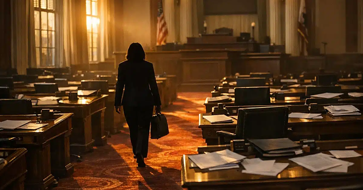 Empty California legislative chamber at dusk with silhouetted figure walking toward exit carrying briefcase