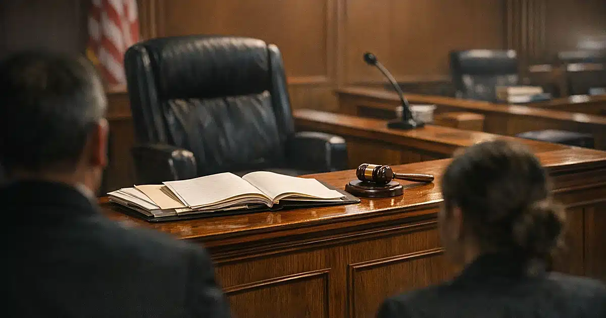 Empty federal courtroom with judge's bench, open case files, and witness stand in warm interior lighting