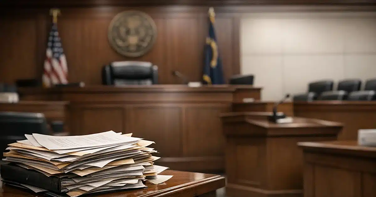 Empty federal courtroom interior showing judge's bench, witness stand, and legal documents on table