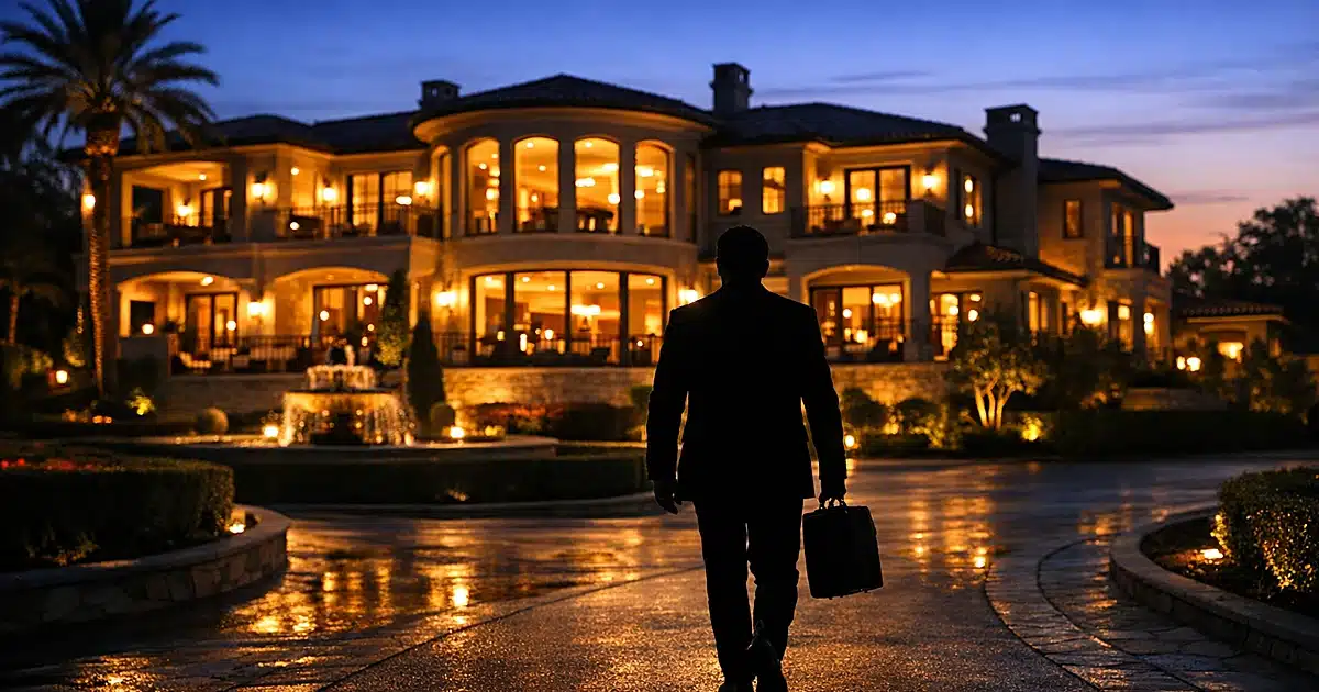 Silhouetted figure walking away from illuminated Beverly Hills mansion at dusk