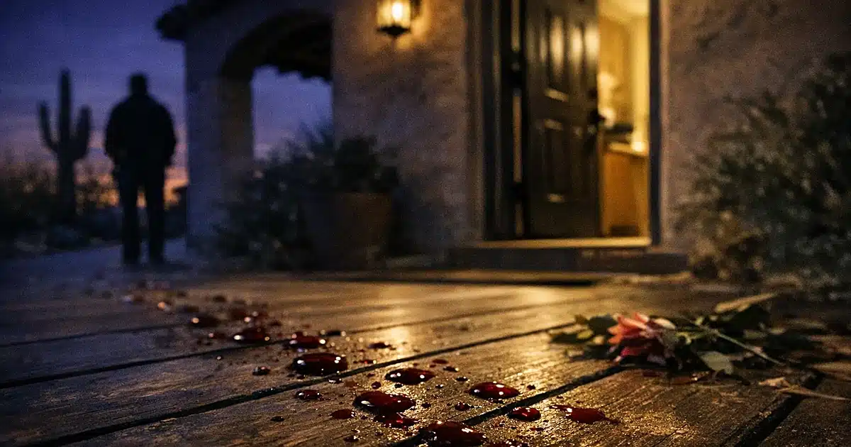 Blood droplets on a residential porch photographed in forensic documentation style with dramatic lighting
