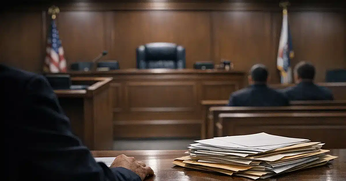 Empty immigration courtroom with judge's bench, witness stand, and legal documents on table in foreground