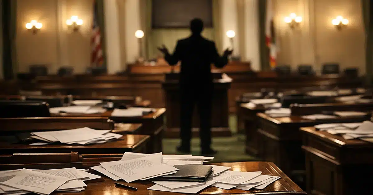 Empty California legislative chamber with scattered papers and silhouetted figure at podium