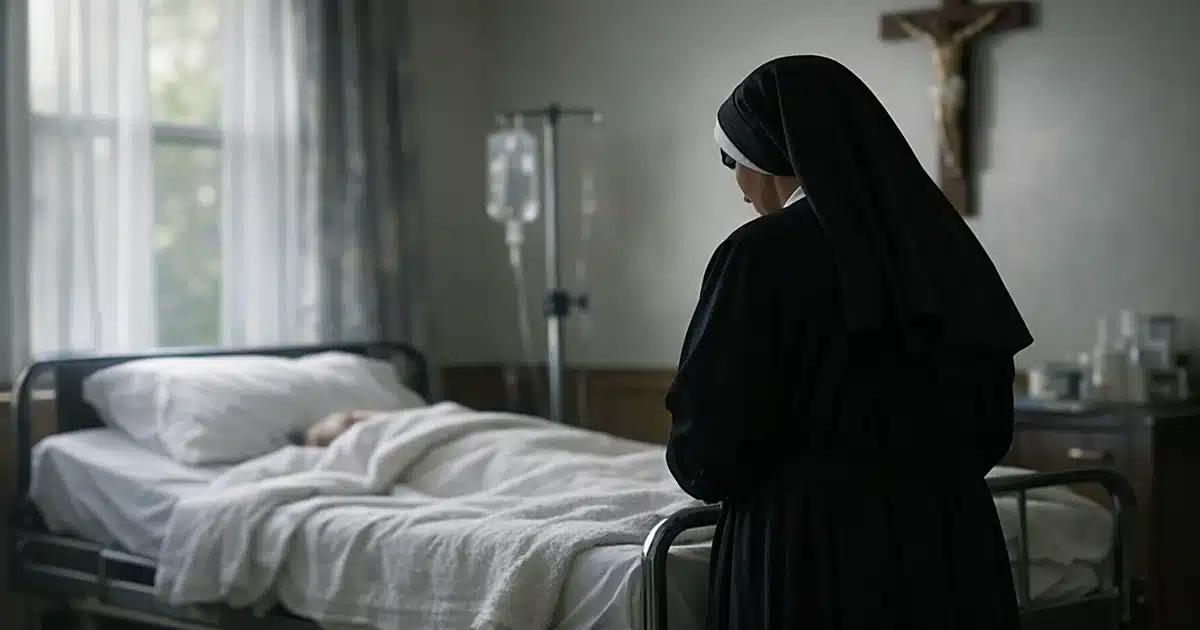 Silhouetted nun in habit standing beside hospital bed in sparse hospice room with crucifix on wall