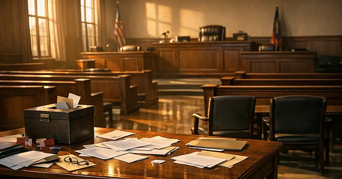 Empty courthouse chamber with wooden benches and scattered election materials on tables at dusk
