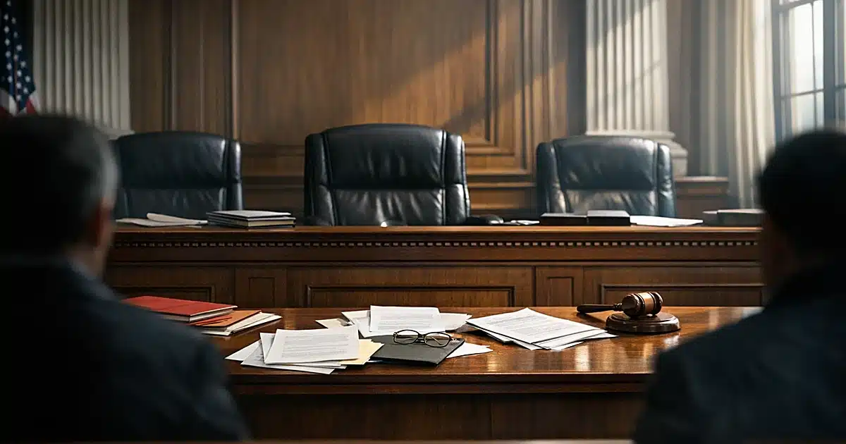 Empty Supreme Court-style judicial bench with scattered legal documents in natural daylight from tall windows