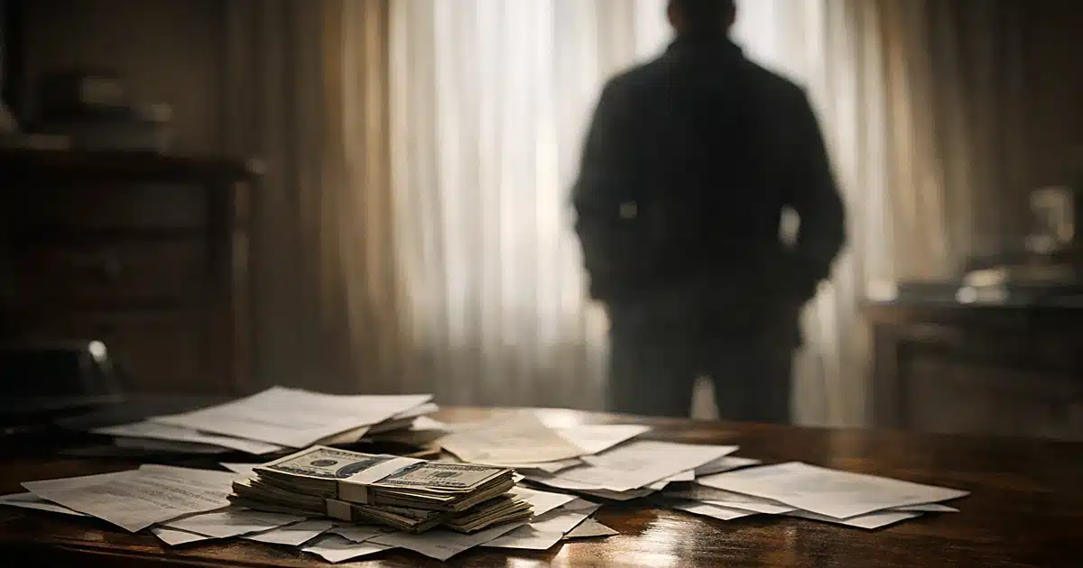Cash and blank papers scattered on desk with silhouetted figure in background, suggesting off-the-books payments