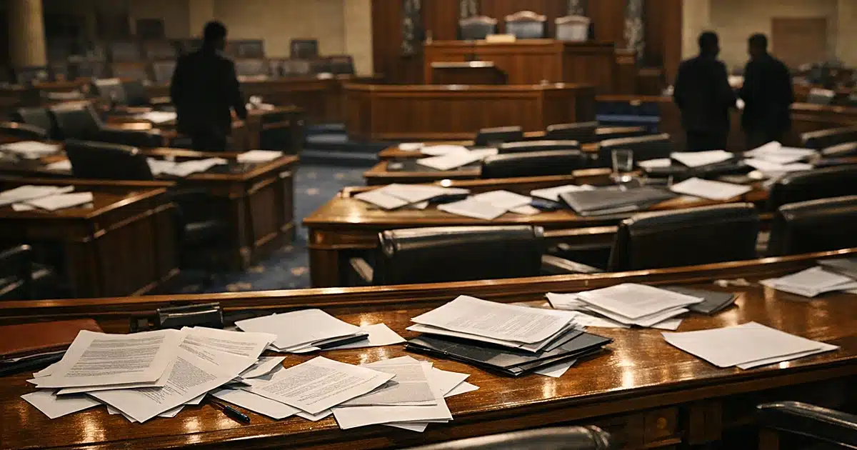 Empty legislative chamber with scattered papers on desks suggesting recent urgent activity