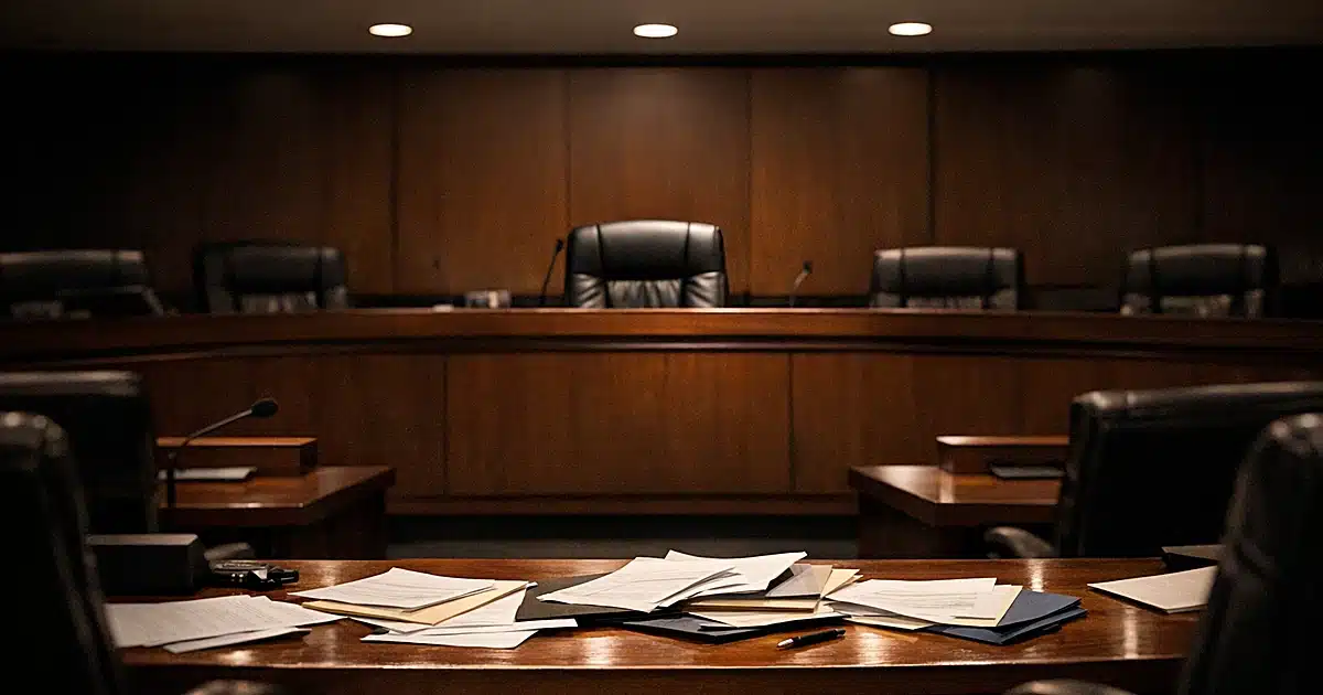 Empty city council chamber with vacant center seat at raised dais and scattered papers on desk surface
