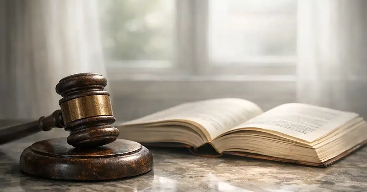 Wooden gavel and open law book on marble surface with natural window lighting