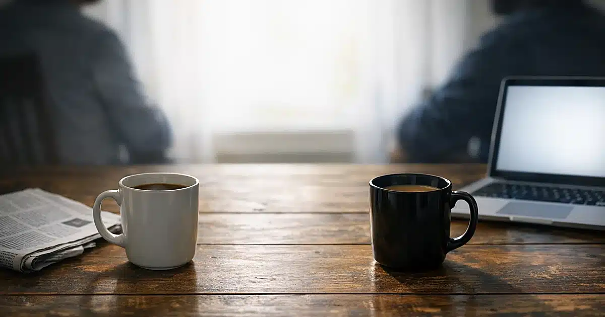 Two coffee mugs on opposite sides of a kitchen table with newspaper and laptop, suggesting relationship divide
