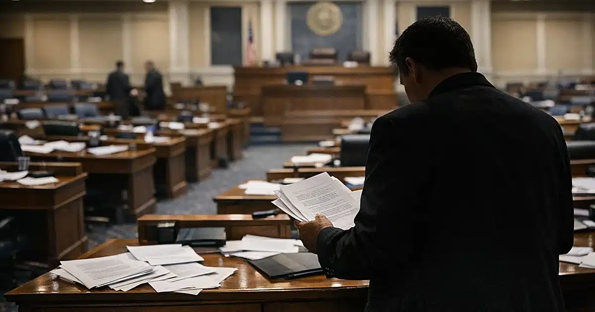 Empty state legislative chamber with scattered papers and silhouetted figure reviewing documents at desk