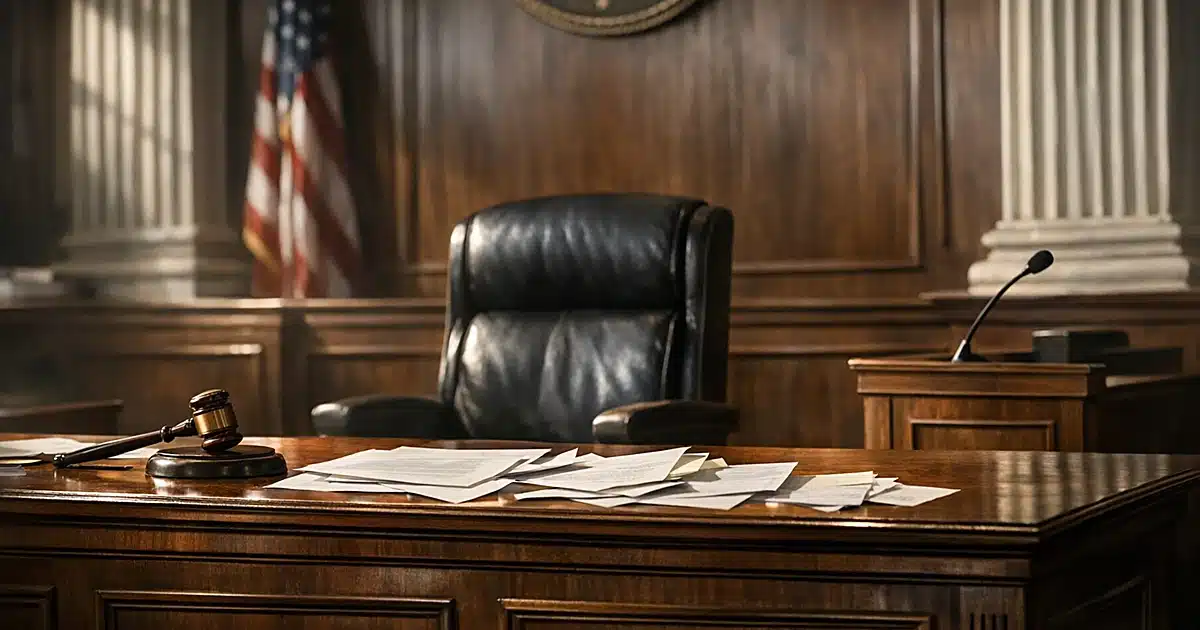 Empty federal courtroom judge's bench with scattered papers and dramatic window lighting creating shadows