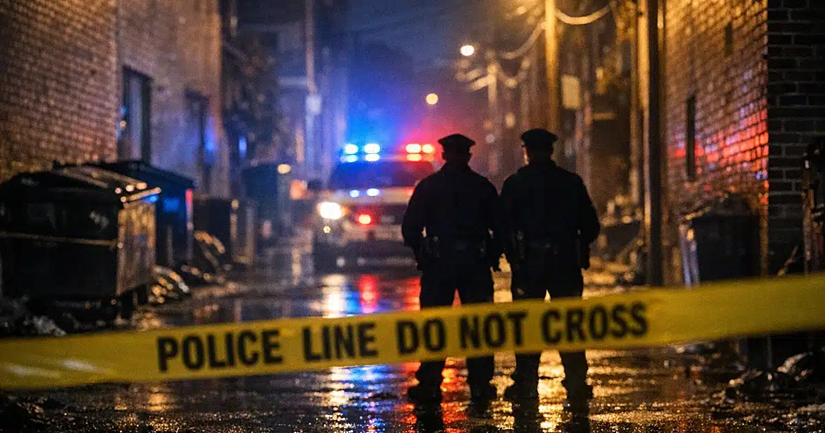Police tape across a dark urban alley at night with emergency vehicle lights in background
