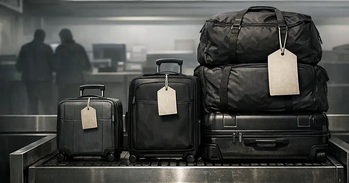Three suitcases on airport scale with price tags, third bag showing $200 fee in prominent position