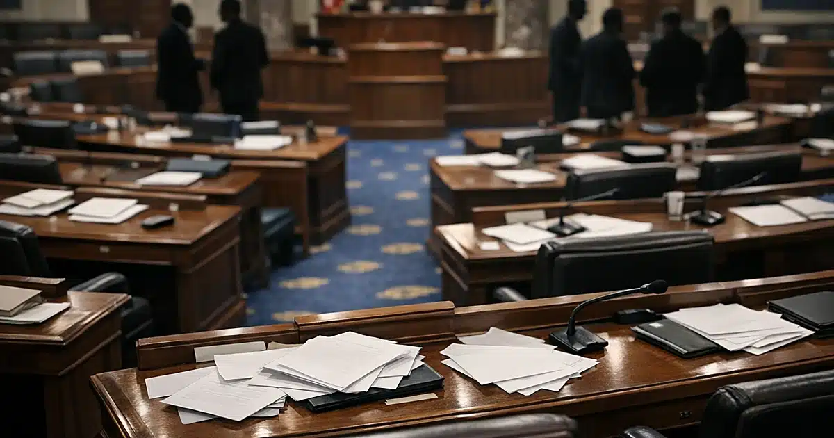 Empty legislative chamber with scattered papers on desks and silhouetted figures in distant clusters