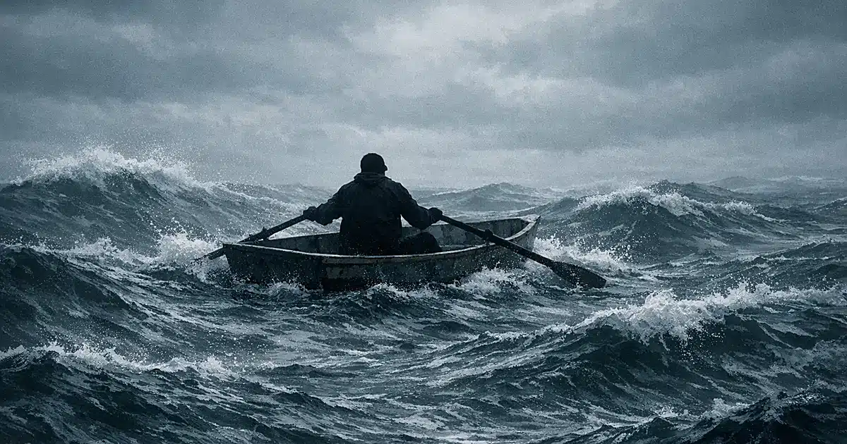 Silhouetted figure in rowboat struggling to stay afloat in choppy waters under overcast sky