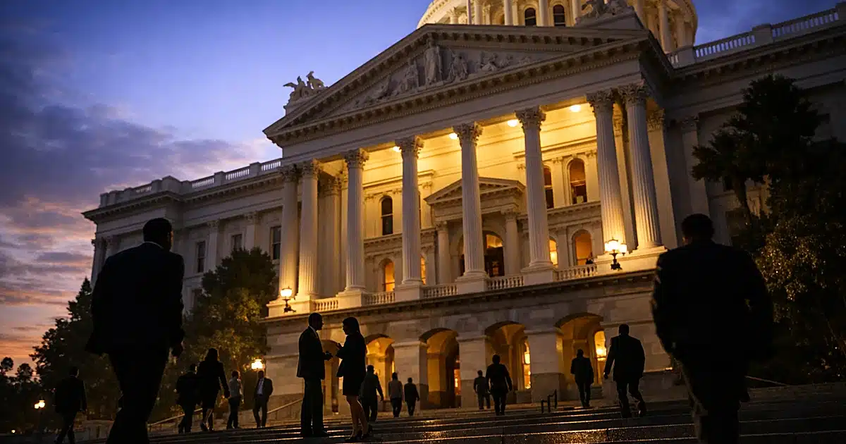 California State Capitol steps at dusk with silhouetted figures moving in multiple directions across the entrance