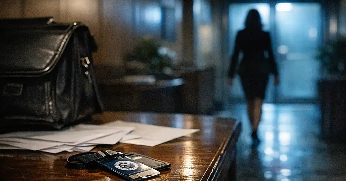 Government office desk with ID badge and open briefcase, silhouetted figure walking away in blurred background