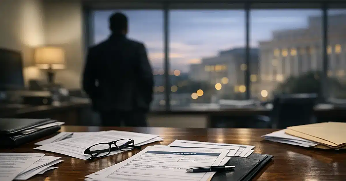 Immigration documents spread on government office desk with silhouetted figure at window in background