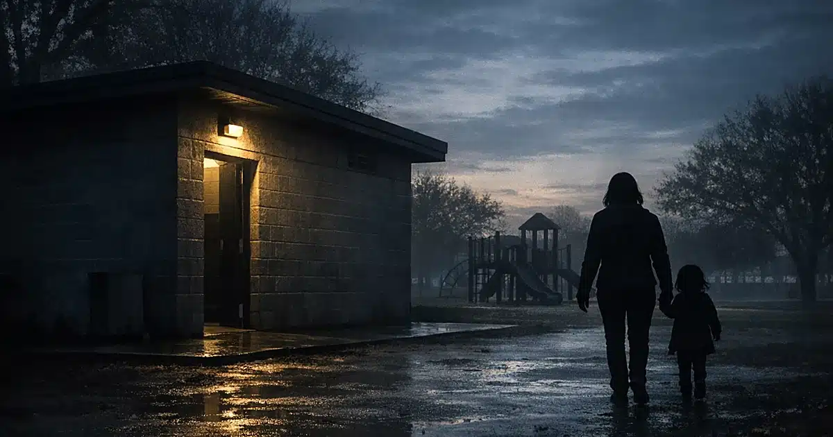 Silhouettes of mother and child walking from isolated park restroom building at dusk with empty playground behind