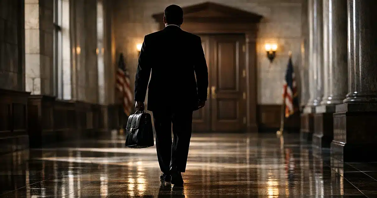 Federal prosecutor walking away through courthouse hallway carrying briefcase in dramatic window light