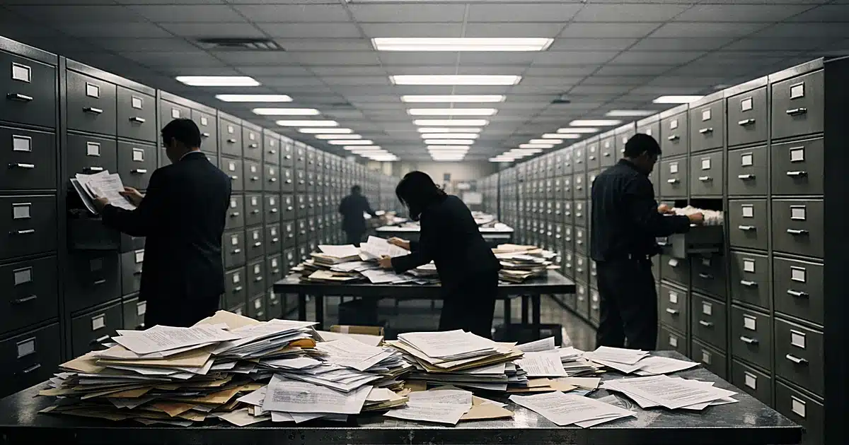 Government records facility with rows of filing cabinets and silhouetted workers sorting documents under fluorescent lights