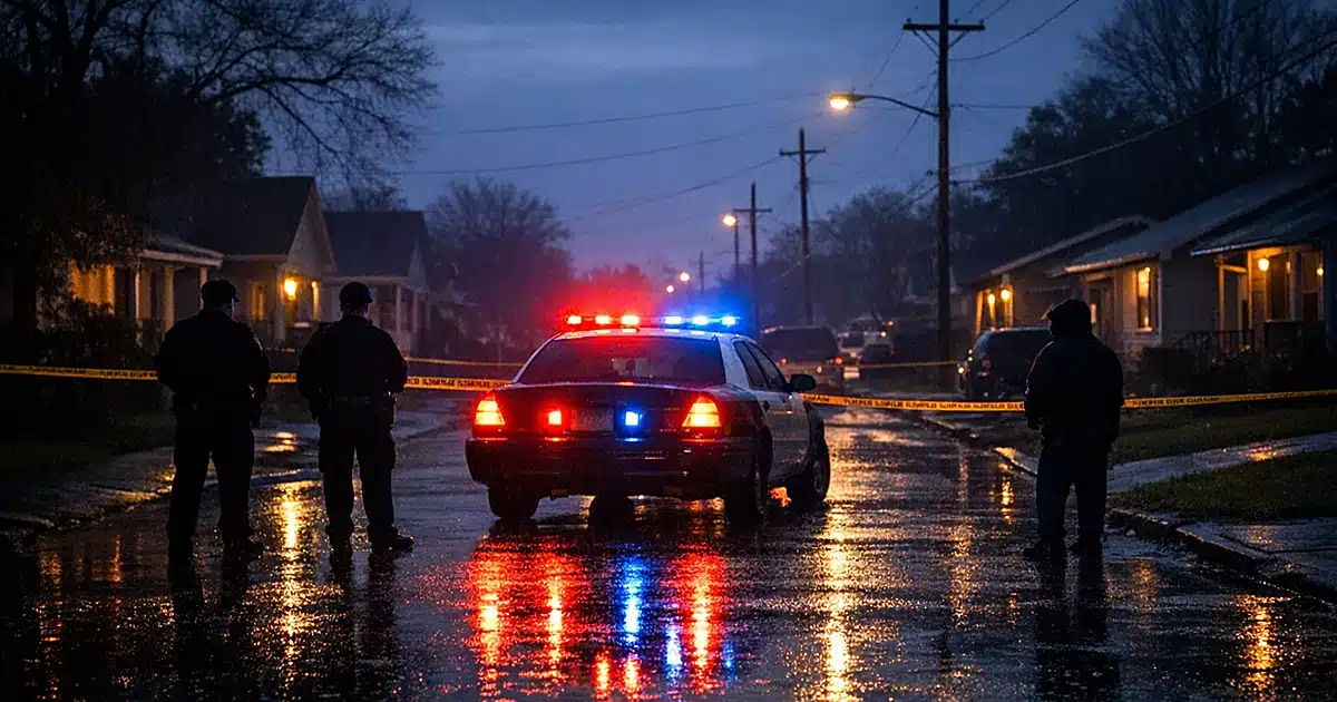 Police car with flashing emergency lights on residential street at dawn with wet pavement reflections