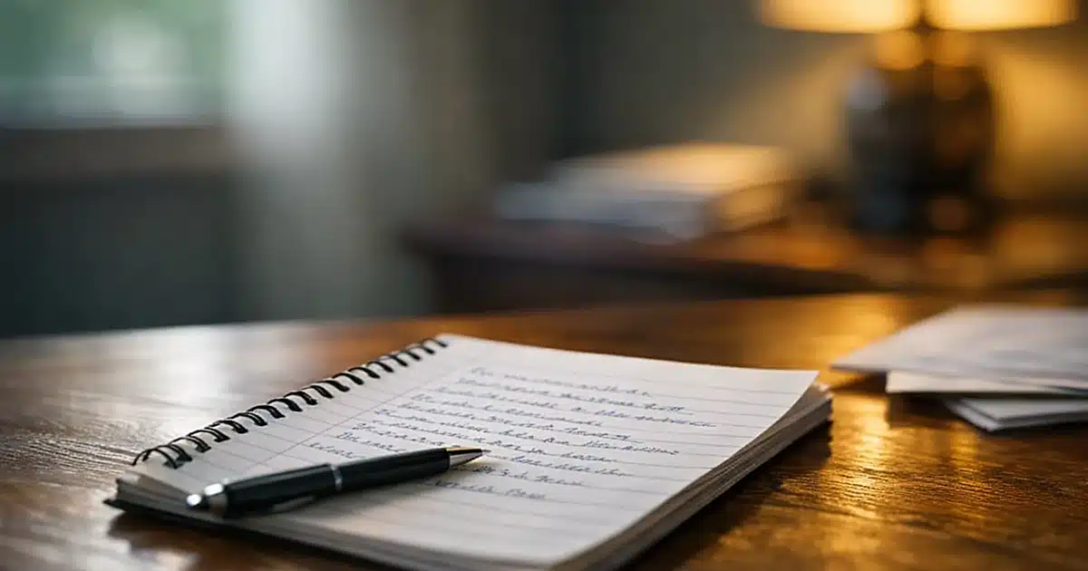 Handwritten notepad with questions on wooden desk in soft natural lighting