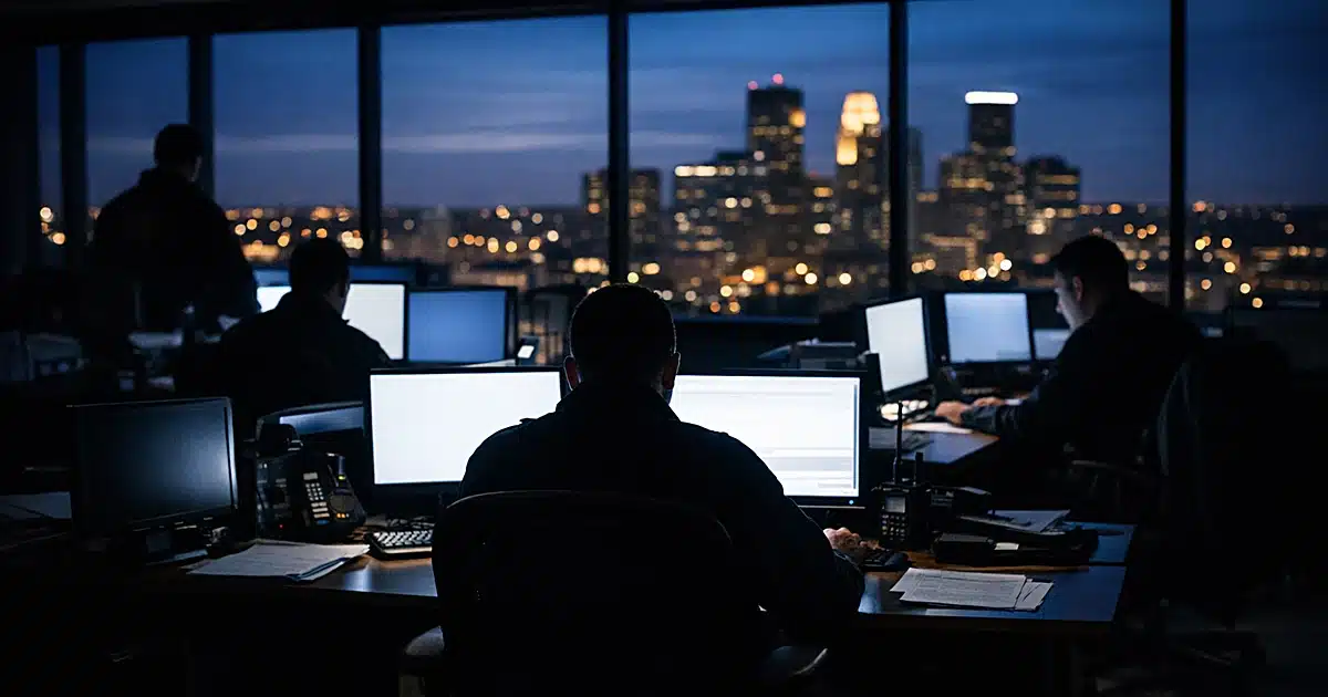 FBI command center with silhouetted agents at glowing computer stations during active federal operation