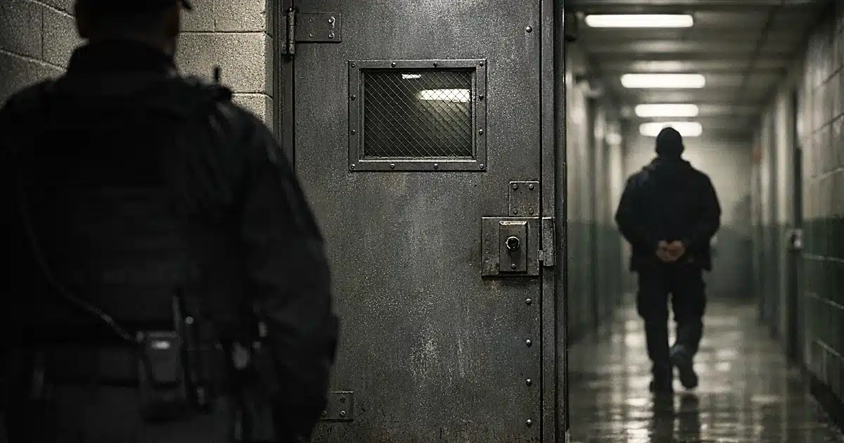 ICE detention facility corridor with reinforced door and silhouetted federal agents in dim institutional lighting