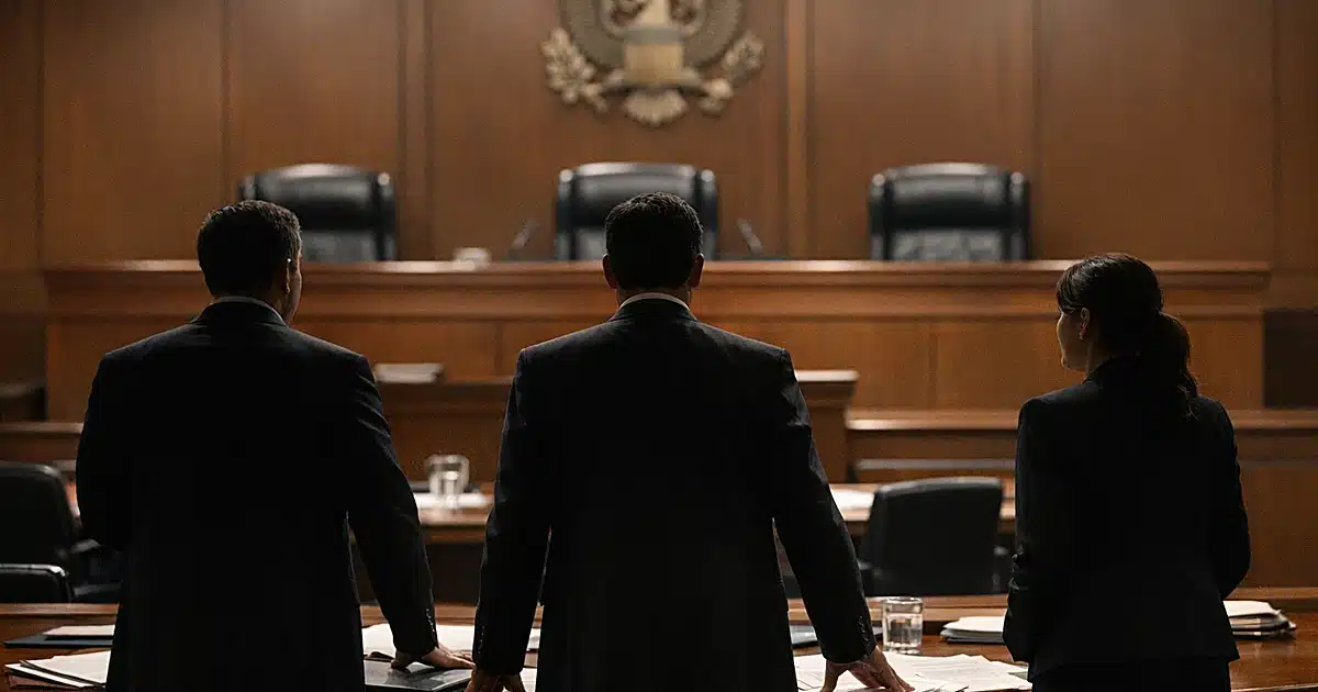 Federal appeals courtroom interior with empty judicial bench and silhouetted attorneys at counsel tables