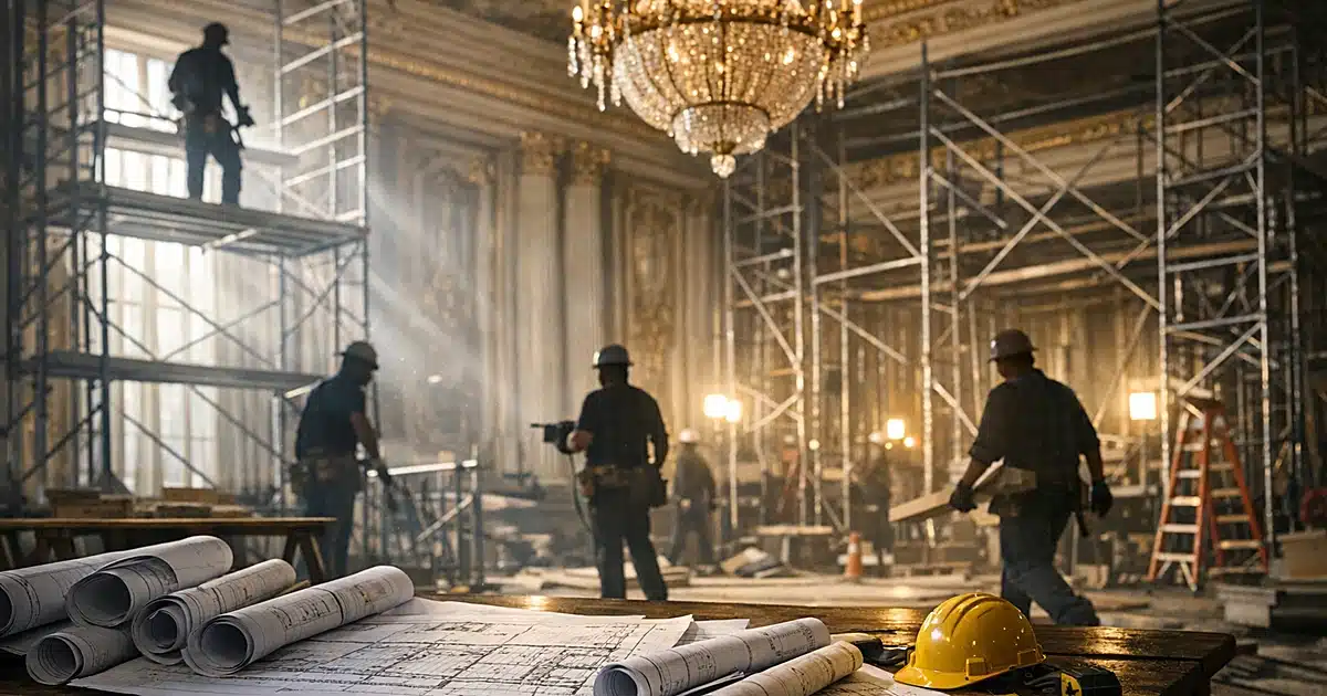 White House ballroom under construction with scaffolding, silhouetted workers, and scattered architectural plans