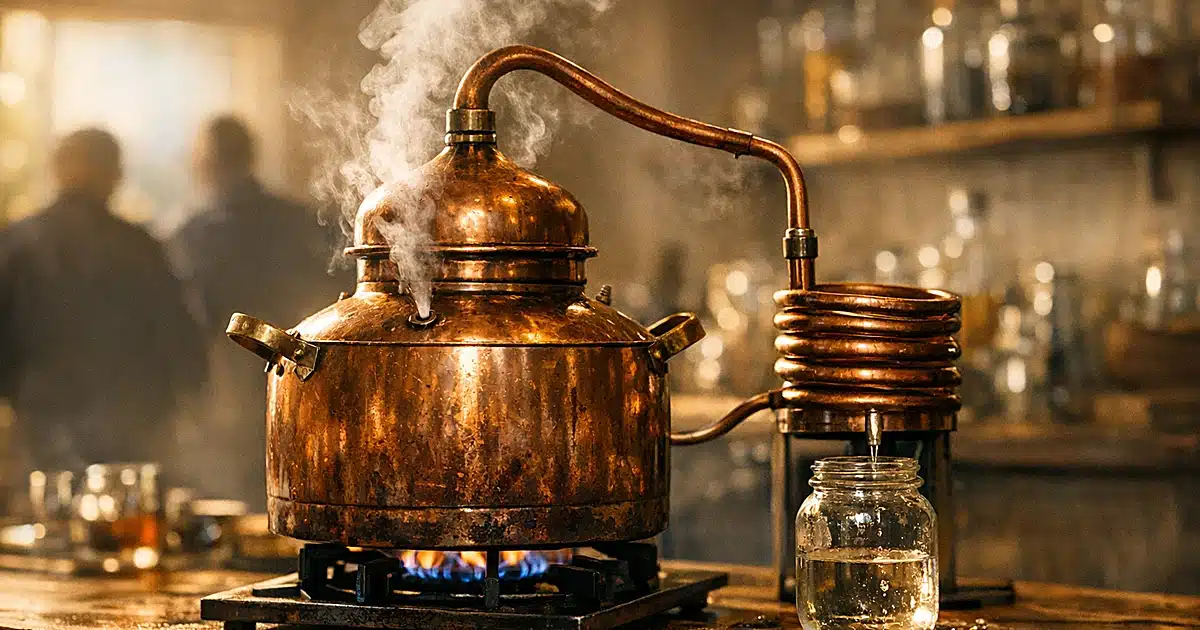 Copper pot still with steam rising on kitchen counter in natural sunlight