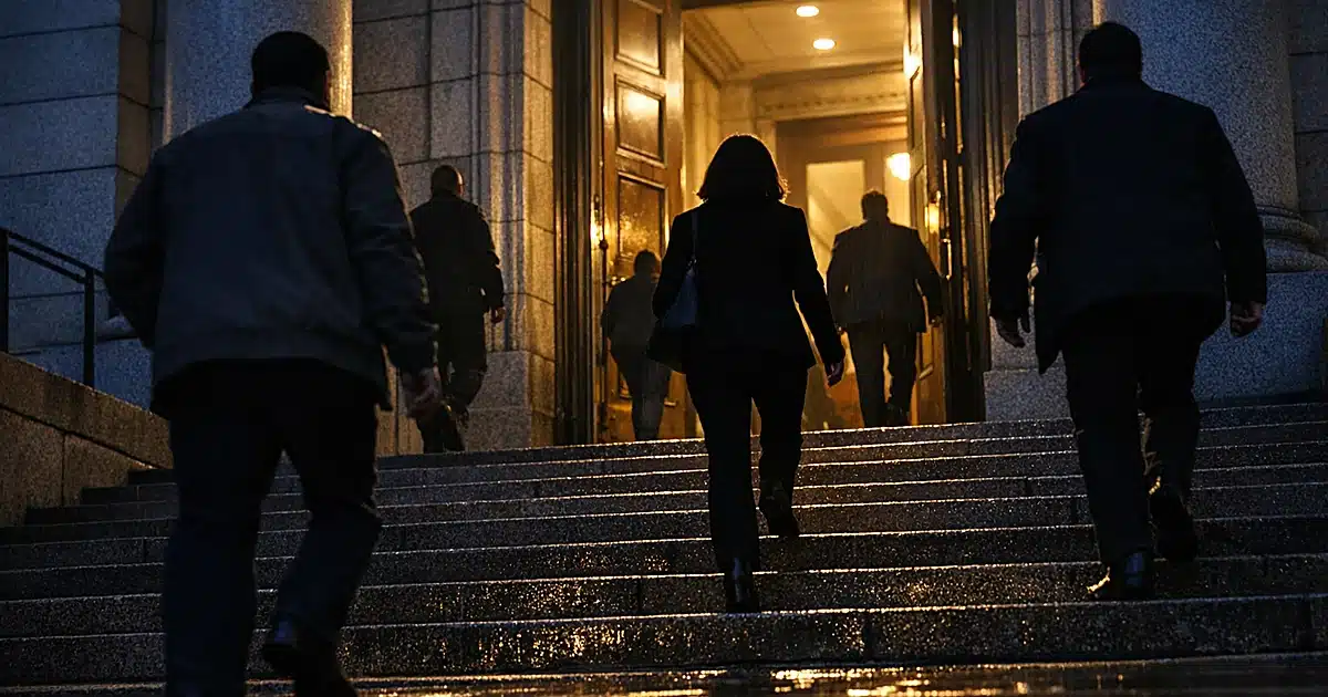 Silhouetted figures ascending wet courthouse steps toward illuminated entrance at dusk