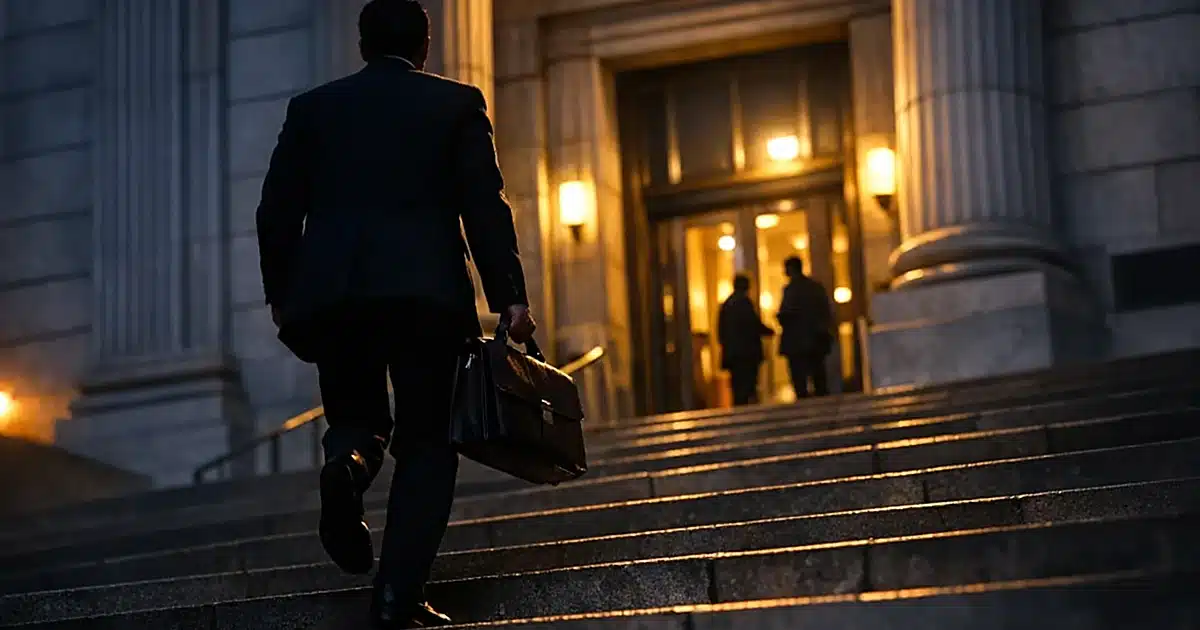 Silhouetted figure ascending federal courthouse steps at dusk with imposing columns and dramatic lighting
