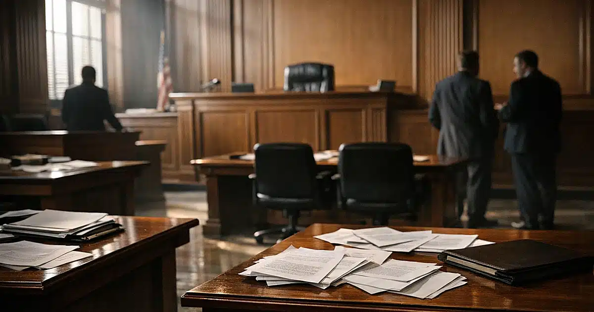 Empty federal courtroom interior with judge's bench, legal tables with scattered documents, and dramatic window lighting