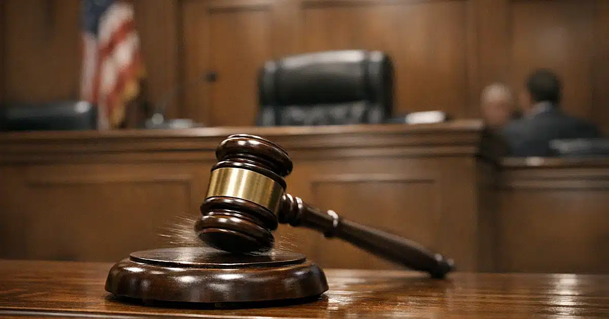 Wooden gavel striking sound block on empty federal courtroom bench with dark wood paneling in background