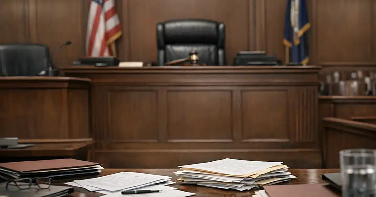 Empty Manhattan courtroom with judge's bench, witness stand, and legal documents on prosecution table