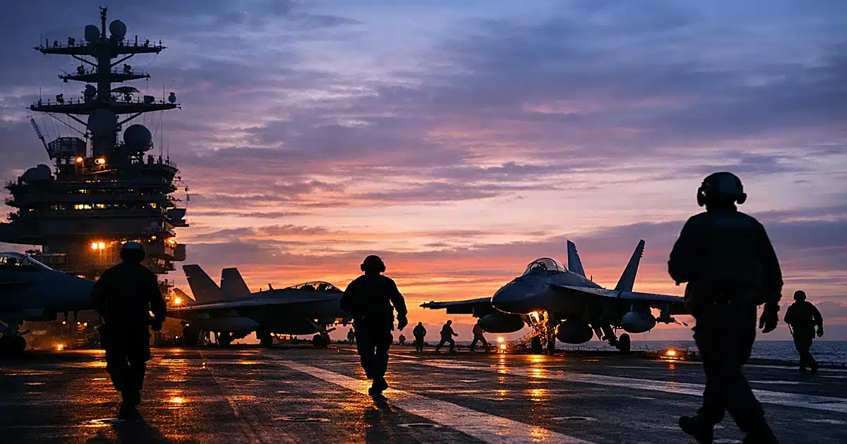 Aircraft carrier flight deck at dusk with crew silhouettes and fighter jets during active military operations