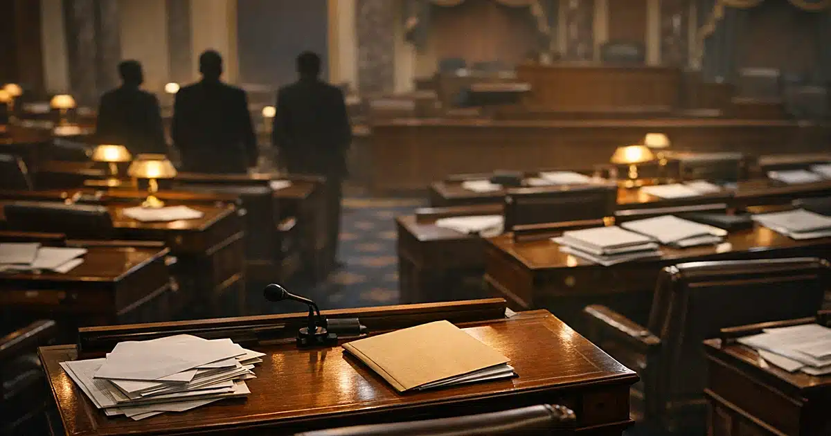 Empty Senate chamber with scattered papers on mahogany desks, one desk isolated in foreground with single folder