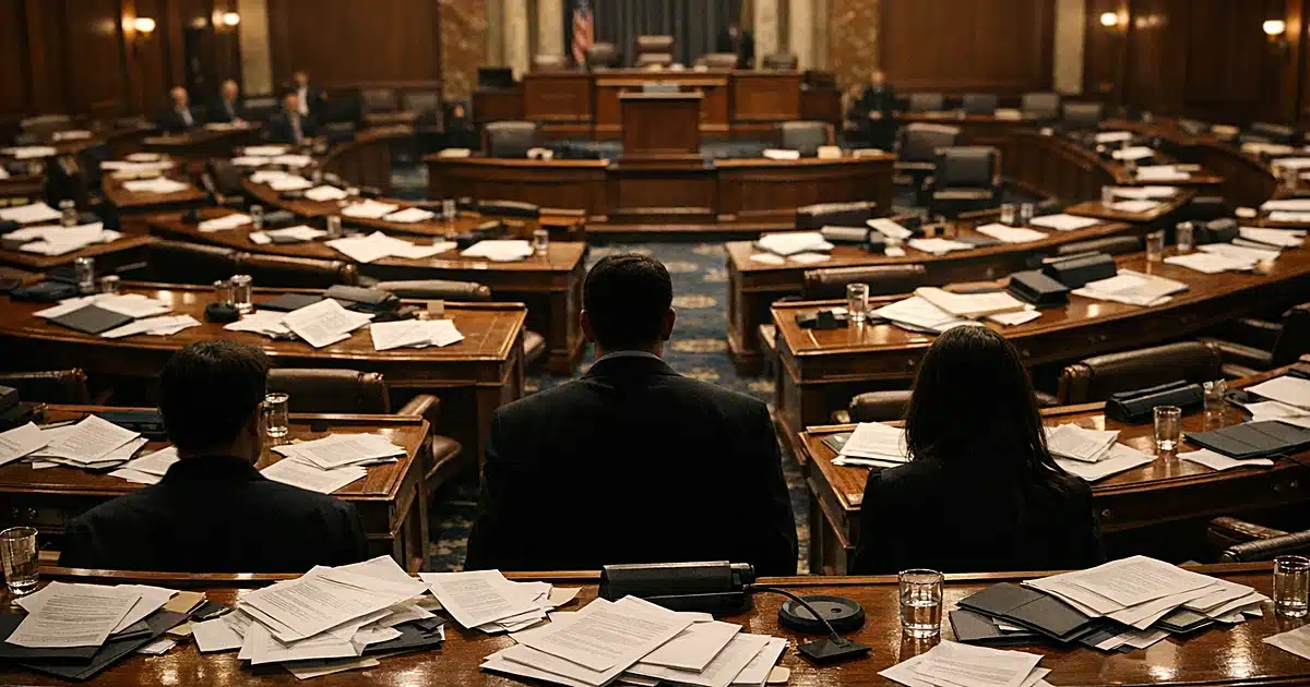 Empty legislative chamber with scattered papers on desks and silhouetted figures seen from behind