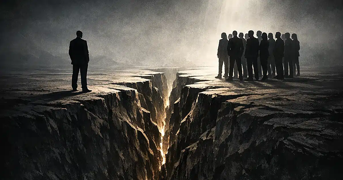 Silhouetted figure stands alone separated from group of silhouettes by widening crack in ground