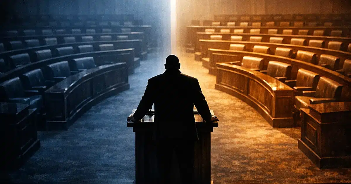 Silhouetted figure at podium in divided legislative chamber with contrasting lighting on each side