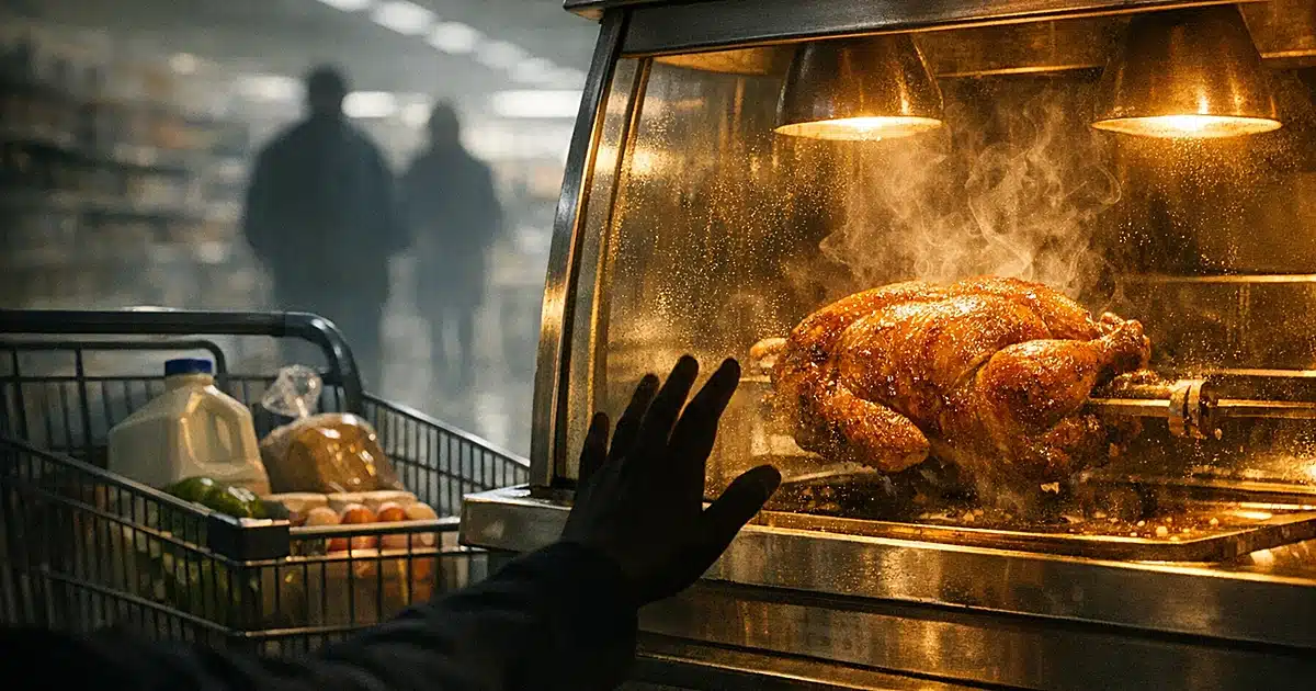 Rotisserie chicken under heat lamps in grocery store deli case with silhouetted shopper reaching toward display