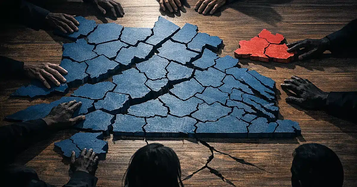 Hands manipulating a fragmented map with blue and red sections pulling apart, showing redistricting division