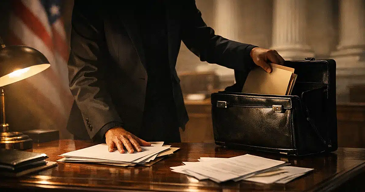 Silhouetted figure at congressional office desk with documents and briefcase in dramatic lighting
