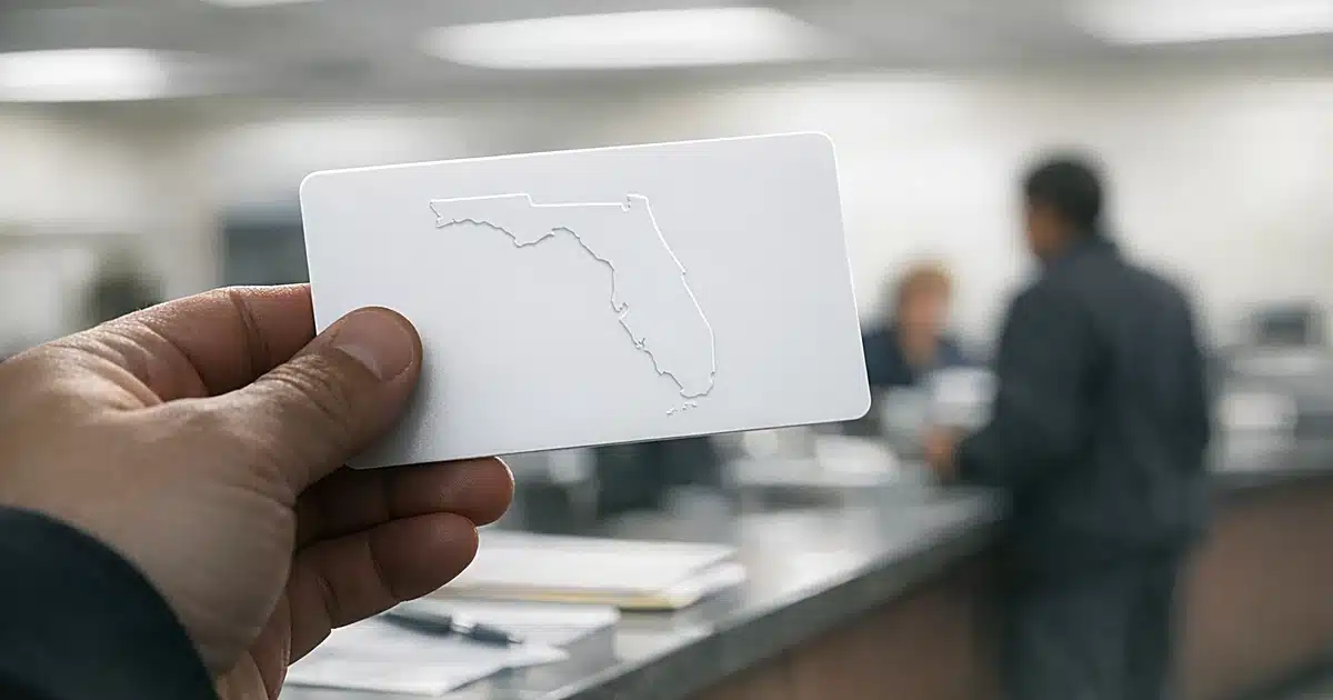 Hand holding blank Florida driver's license at DMV counter with shallow depth of field