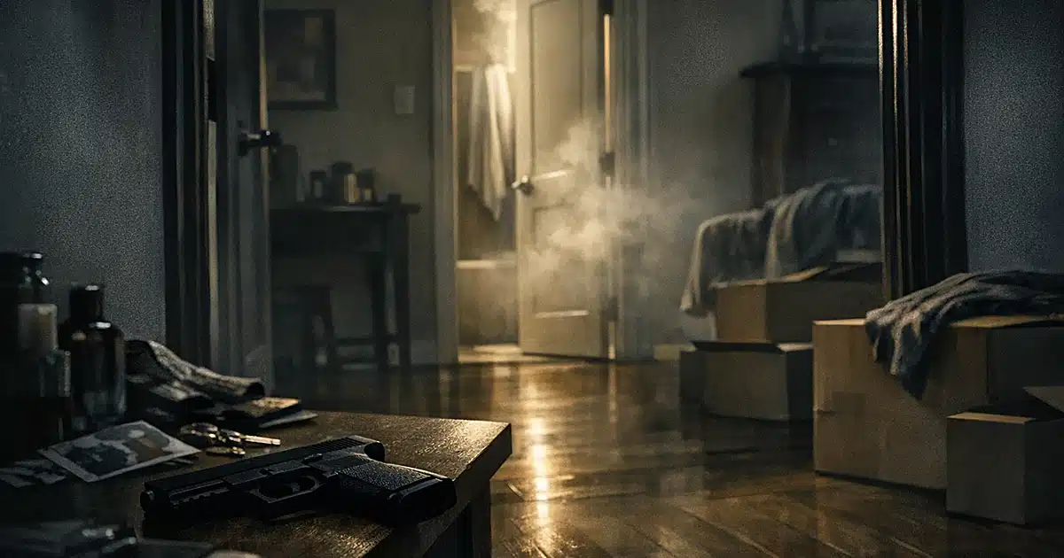 Dark apartment interior with bathroom door ajar, steam visible, and handgun on table near moving boxes