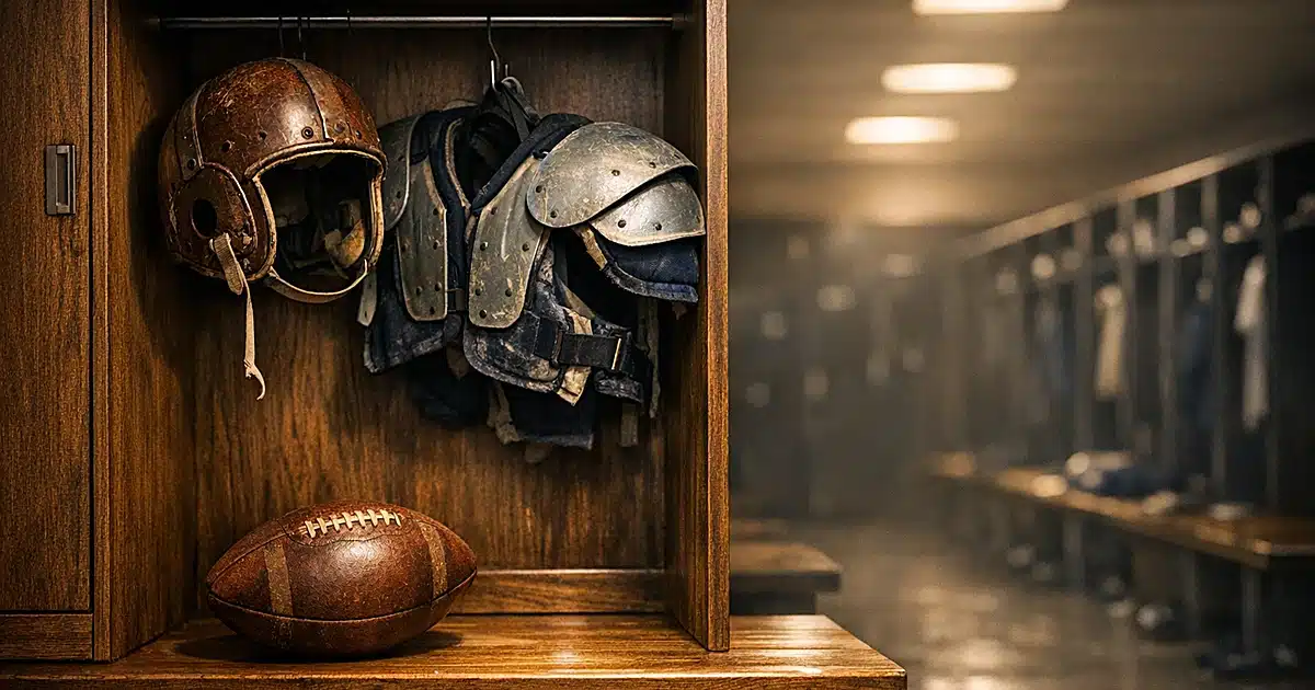 Empty NFL locker room with vintage 1970s football helmet and shoulder pads in open locker under warm overhead lighting